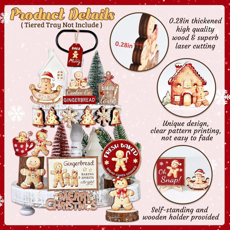 FINDRICH 23 Pcs Christmas Tiered Tray Decor - Christmas Decorations Indoor for Tray Decor Gingerbread Table Centerpieces with Snowflake, Xmas Tree, Gingerbread Man Wooden Signs for Home Shelf Decor - Image 4